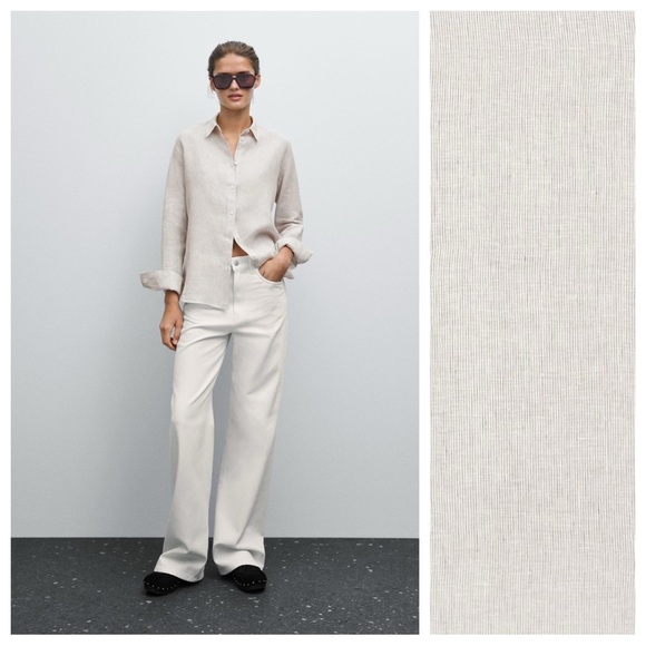 Massimo Dutti Tops - NWT. Massimo Dutti Beige Shirt 100% Linen Pinstriped Flowing Shirt. Size 6.